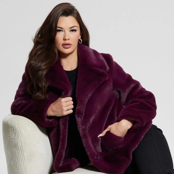 GUESS  women Corinne Faux Fur Coat dark purple - Picture 8 of 10